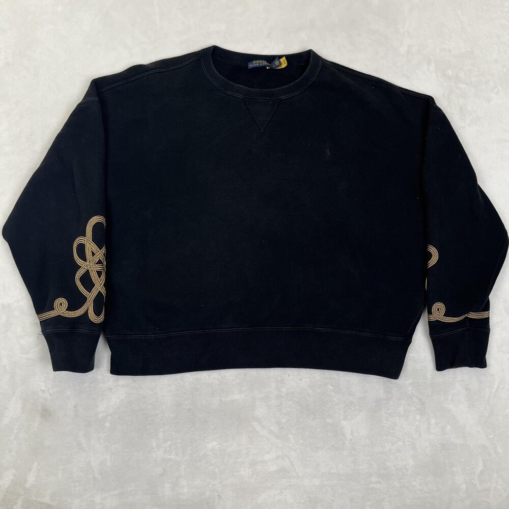 Polo Ralph Lauren Sweatshirt Womens Large Black Fleece Crewneck Sleeve Embroider